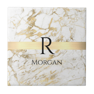 Wh & Gold Marble Gold Bar, DIY Black Name Monogram Ceramic Tile