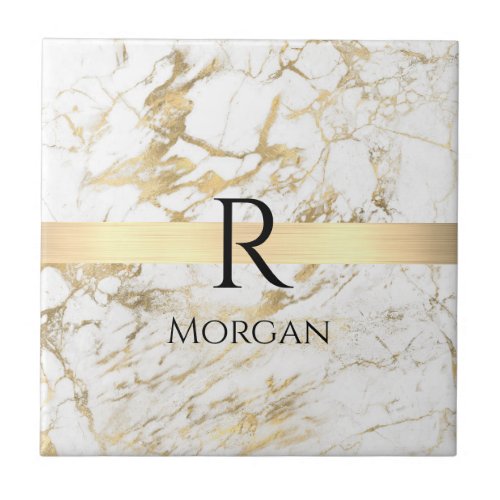 Wh  Gold Marble Gold Bar DIY Black Name Monogram Ceramic Tile