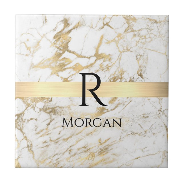 Wh & Gold Marble Gold Bar, DIY Black Name Monogram Ceramic Tile (Front)