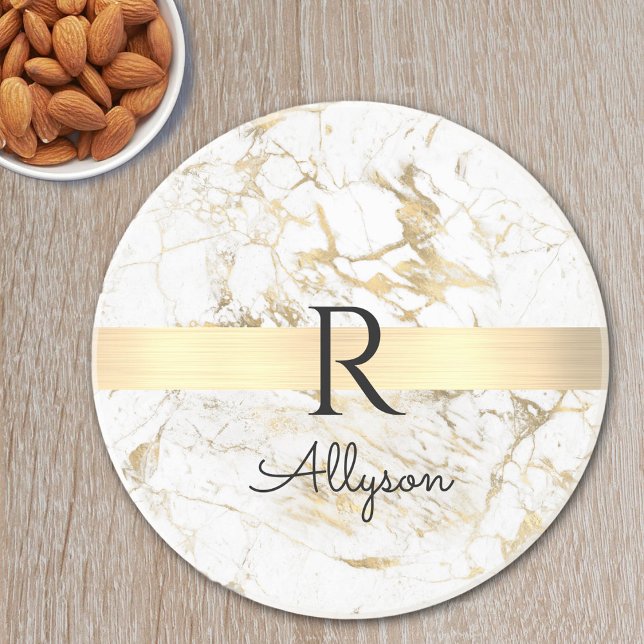 Wh & Gold Marble Gold Bar, DIY Black Name Monogram Coaster (Creator Uploaded)