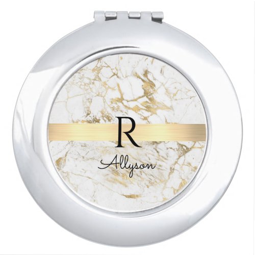 Wh  Gold Marble Gold Bar DIY Black Name Monogram Compact Mirror