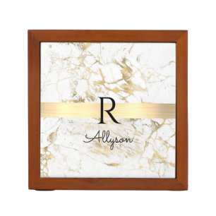 Wh & Gold Marble Gold Bar, DIY Black Name Monogram Desk Organizer