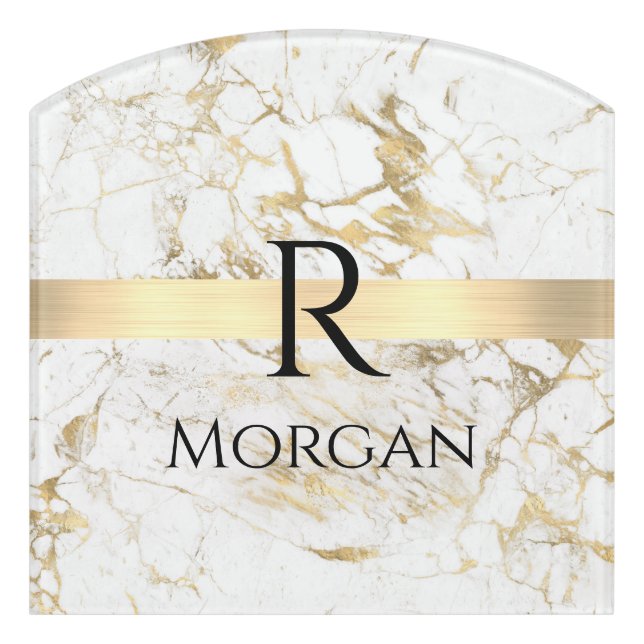 Wh & Gold Marble Gold Bar, DIY Black Name Monogram Door Sign (Contour Front)