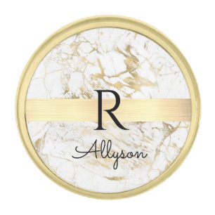 Wh & Gold Marble Gold Bar, DIY Black Name Monogram Finish Lapel Pin
