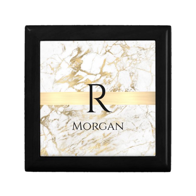 Wh & Gold Marble Gold Bar, DIY Black Name Monogram Gift Box (Front)