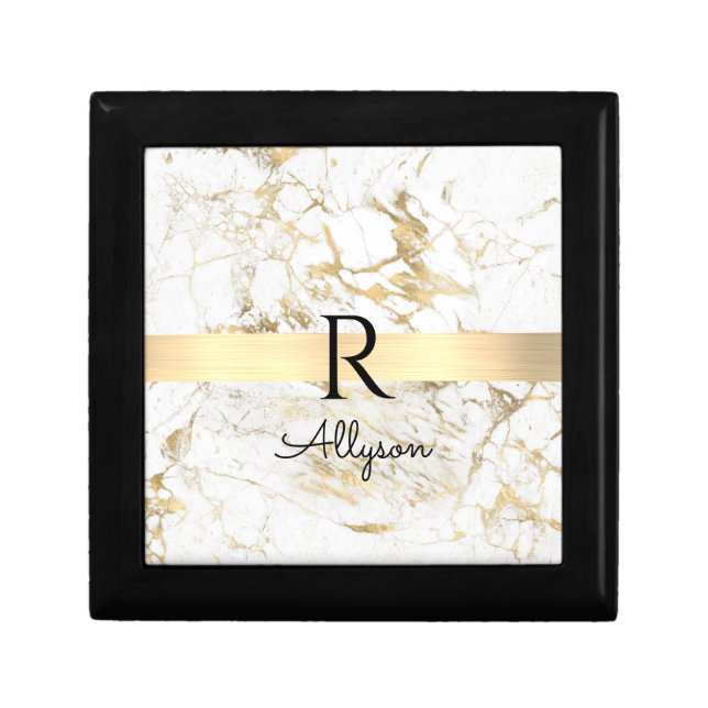 Wh & Gold Marble Gold Bar, DIY Black Name Monogram Gift Box (Front)