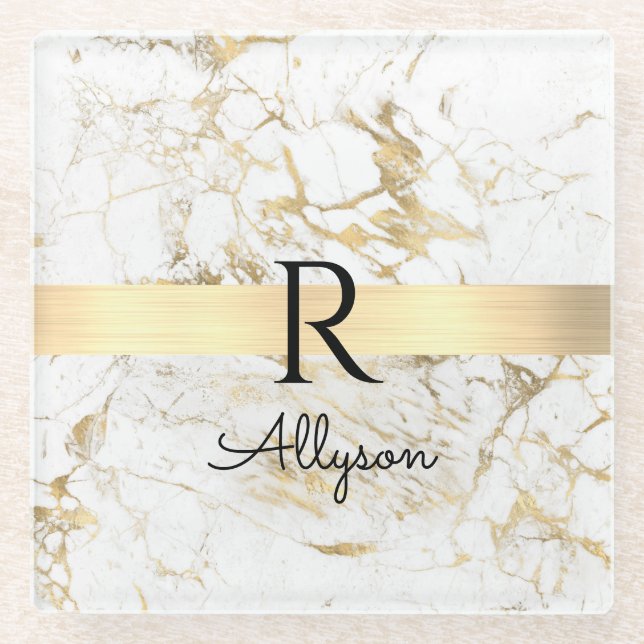 Wh & Gold Marble Gold Bar, DIY Black Name Monogram Glass Coaster (Front)