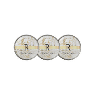 Wh & Gold Marble Gold Bar, DIY Black Name Monogram Golf Ball Marker
