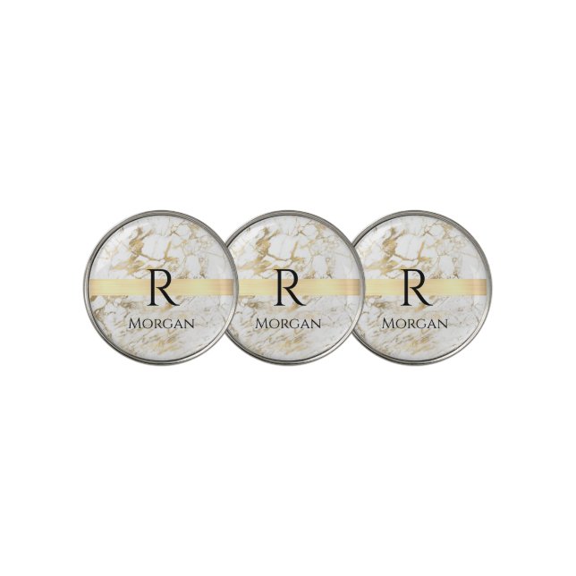 Wh & Gold Marble Gold Bar, DIY Black Name Monogram Golf Ball Marker (3 Up)