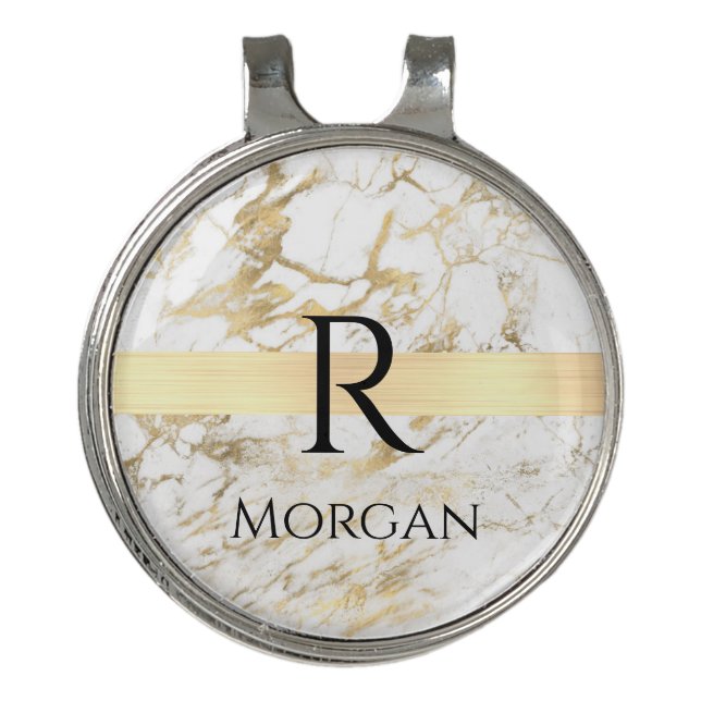 Wh & Gold Marble Gold Bar, DIY Black Name Monogram Golf Hat Clip (Front)