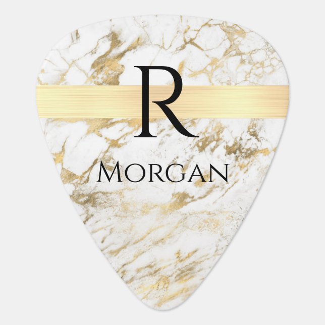Wh & Gold Marble Gold Bar, DIY Black Name Monogram Guitar Pick (Front)