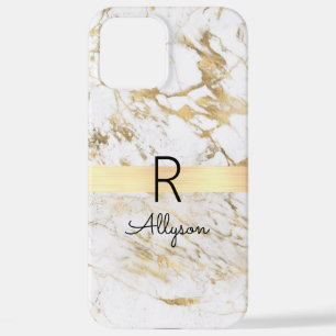 Wh & Gold Marble Gold Bar, DIY Black Name Monogram iPhone 12 Pro Max Case