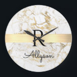 Wh & Gold Marble Gold Bar, DIY Black Name Monogram Large Clock<br><div class="desc">Personalize your name in black script and black monogram on trendy Gold Bar on White and Gold Marble. Click “Customize” to change colors and type styles</div>