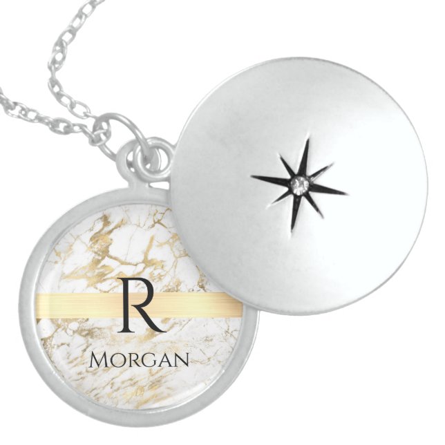 Wh & Gold Marble Gold Bar, DIY Black Name Monogram Locket Necklace (Front)