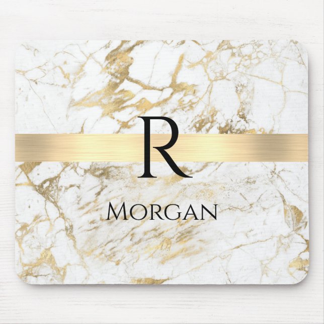 Wh & Gold Marble Gold Bar, DIY Black Name Monogram Mouse Pad (Front)