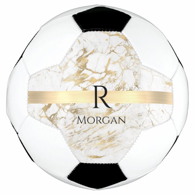 Wh & Gold Marble Gold Bar, DIY Black Name Monogram Soccer Ball (Front)