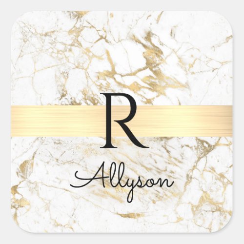 Wh  Gold Marble Gold Bar DIY Black Name Monogram Square Sticker