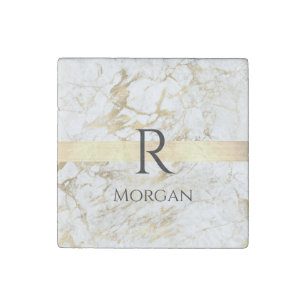 Wh & Gold Marble Gold Bar, DIY Black Name Monogram Stone Magnet