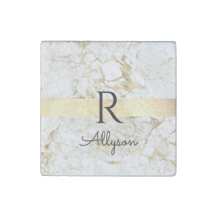 Wh & Gold Marble Gold Bar, DIY Black Name Monogram Stone Magnet