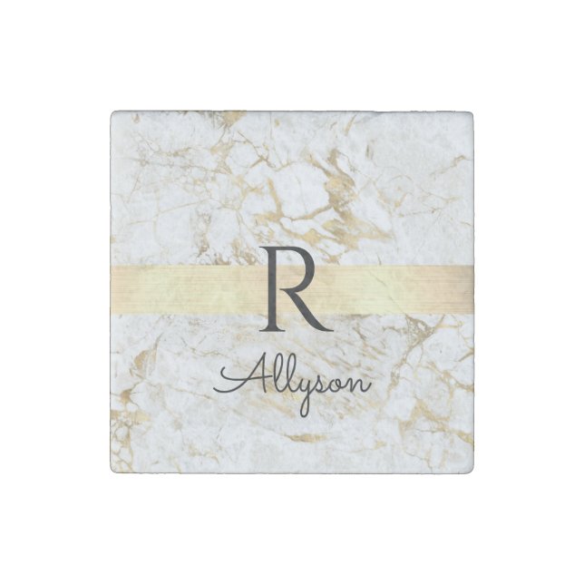 Wh & Gold Marble Gold Bar, DIY Black Name Monogram Stone Magnet (Front)