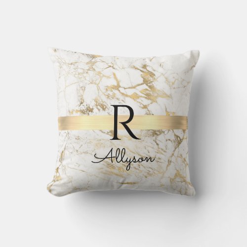 Wh  Gold Marble Gold Bar DIY Black Name Monogram Throw Pillow