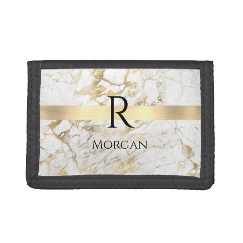 Wh  Gold Marble Gold Bar DIY Black Name Monogram Trifold Wallet