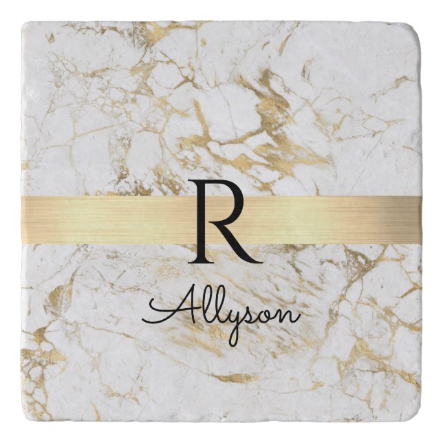 Wh & Gold Marble Gold Bar, DIY Black Name Monogram Trivet (Front)