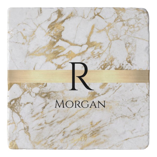 Wh & Gold Marble Gold Bar, DIY Black Name Monogram Trivet (Front)