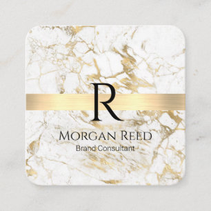 Wh/Gold Marble Gold Bar DIY Blk Name Monogram Info Square Business Card