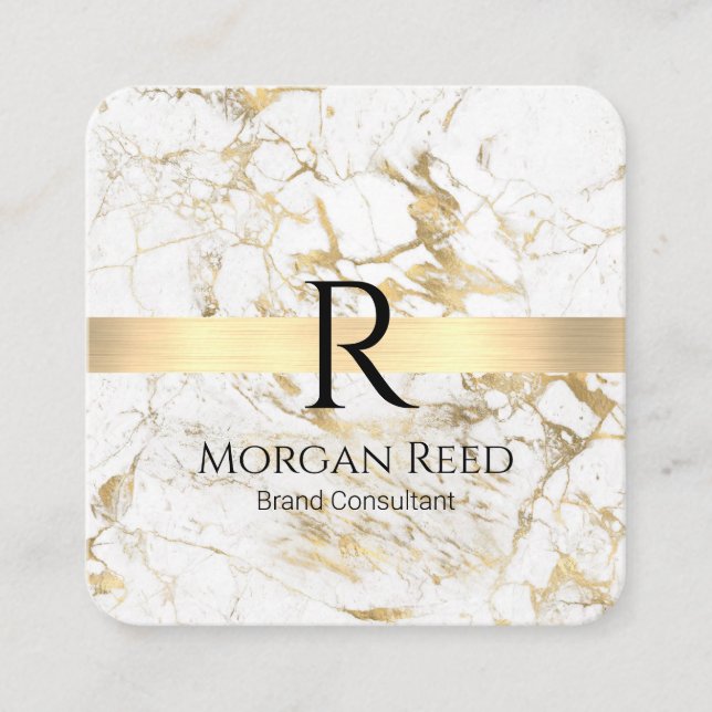 Wh/Gold Marble Gold Bar DIY Blk Name Monogram Info Square Business Card (Front)