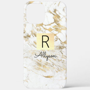 Wh & Gold Marble Gold Box, Black Name & Monogram iPhone 12 Pro Max Case