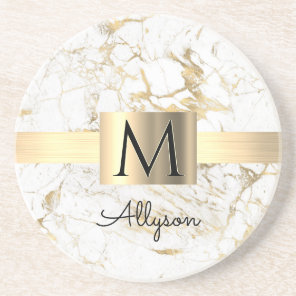 Wh & Gold Marble Gold Box, DIY Black Name Monogram Coaster