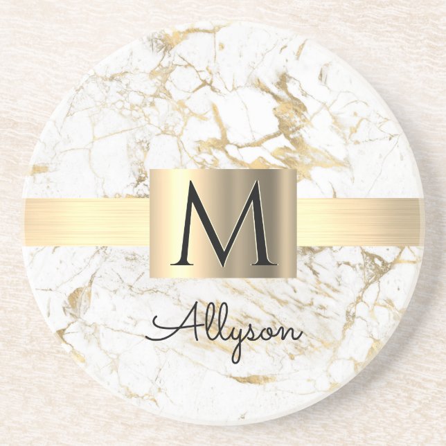 Wh & Gold Marble Gold Box, DIY Black Name Monogram Coaster (Front)