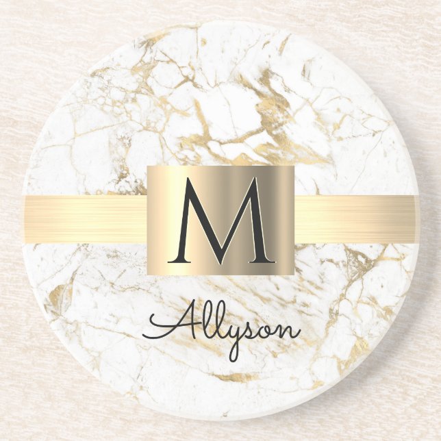 Wh & Gold Marble Gold Box, DIY Black Name Monogram Coaster (Front)