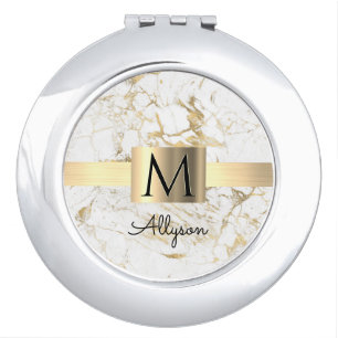 Wh & Gold Marble Gold Box, DIY Black Name Monogram Compact Mirror