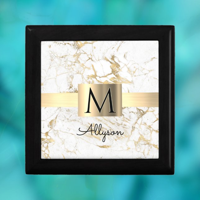 Wh & Gold Marble Gold Box, DIY Black Name Monogram Gift Box (Creator Uploaded)