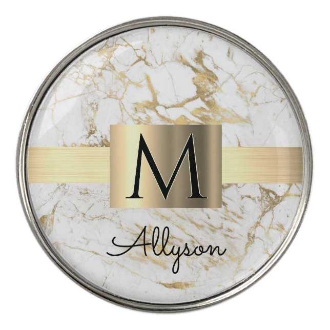 Wh & Gold Marble Gold Box, DIY Black Name Monogram Golf Ball Marker (Front)