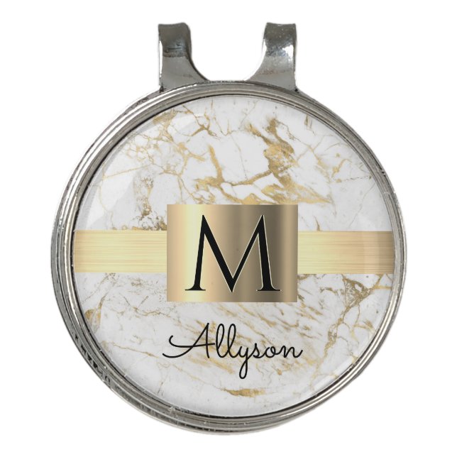 Wh & Gold Marble Gold Box, DIY Black Name Monogram Golf Hat Clip (Front)
