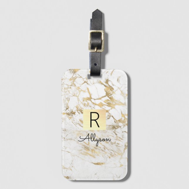 Wh & Gold Marble Gold Box, DIY Black Name Monogram Luggage Tag (Front Vertical)