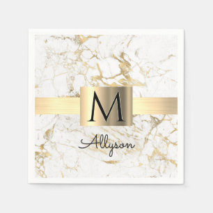 Wh & Gold Marble Gold Box, DIY Black Name Monogram Napkins