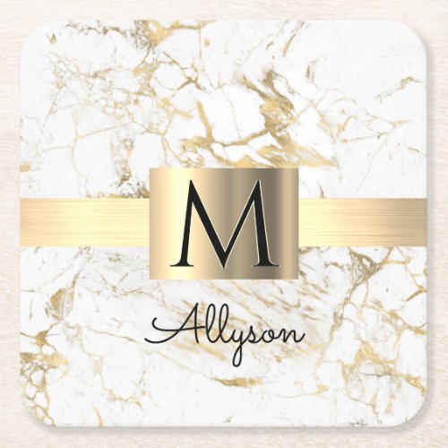 Wh  Gold Marble Gold Box DIY Black Name Monogram Square Paper Coaster