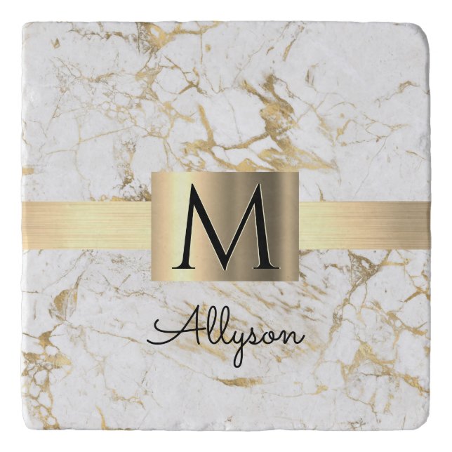 Wh & Gold Marble Gold Box, DIY Black Name Monogram Trivet (Front)