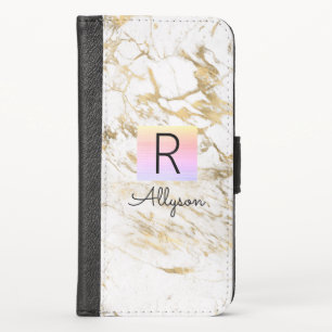 Wh & Gold Marble Rainbow Box DIY Blk Name Monogram iPhone X Wallet Case