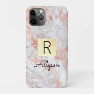 Wh & Rose Gold Marble Gold Box, Name & Monogram iPhone 11 Pro Case