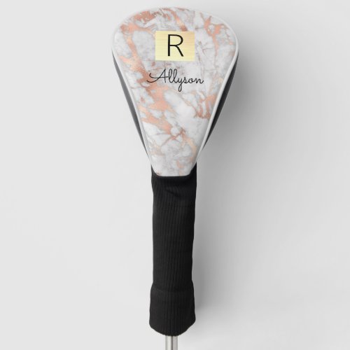 Wh  Rose Gold Marble Gold Box Name  Monogram Golf Head Cover