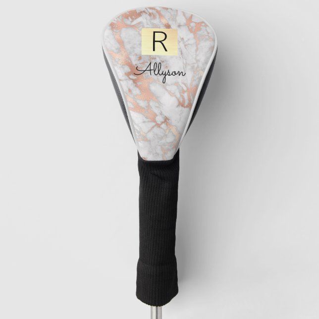 Wh & Rose Gold Marble Gold Box, Name & Monogram Golf Head Cover (Front)