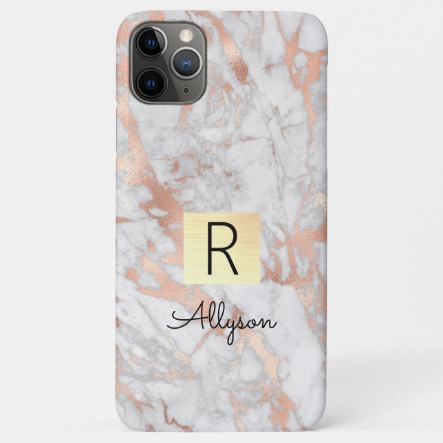 Wh & Rose Gold Marble Gold Box, Name & Monogram iP Case-Mate iPhone Case (Back)