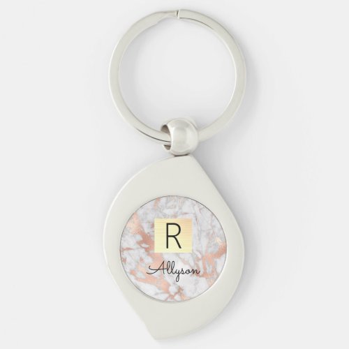 Wh  Rose Gold Marble Gold Box Name  Monogram Keychain