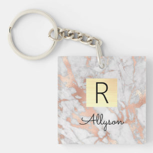 Wh & Rose Gold Marble Gold Box, Name & Monogram Keychain