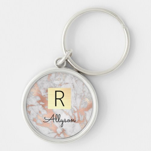 Wh  Rose Gold Marble Gold Box Name  Monogram Keychain